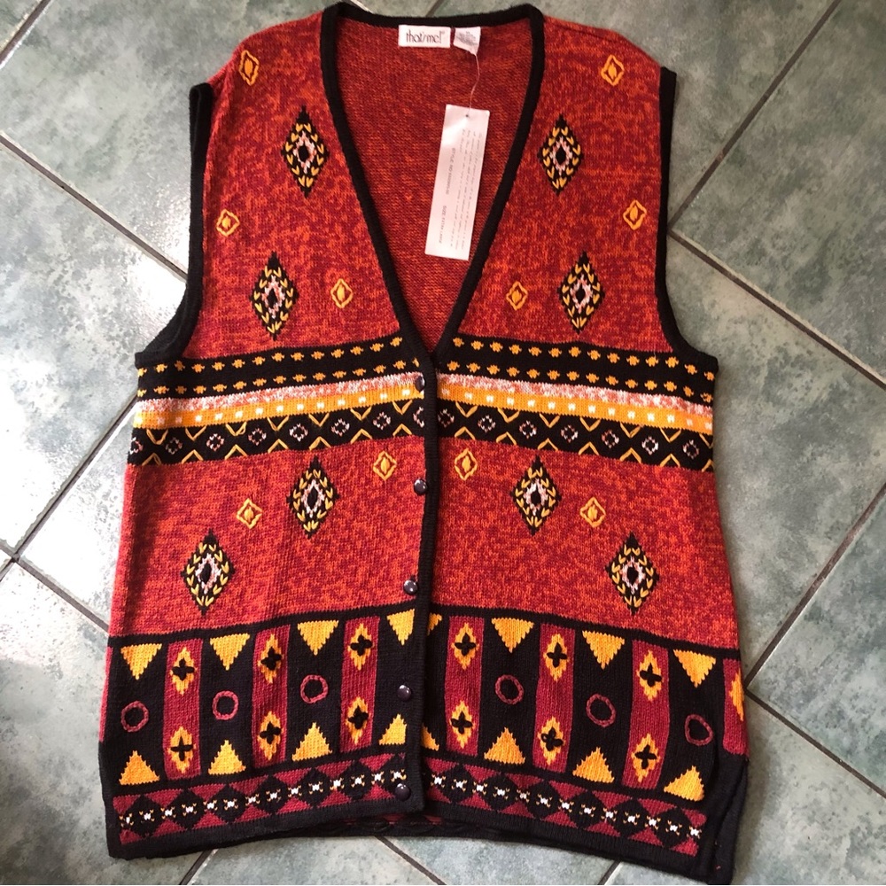 VTG 80s That’s Me Fall Colors Boho Hippie Geometric Pattern Sweater vest NWT